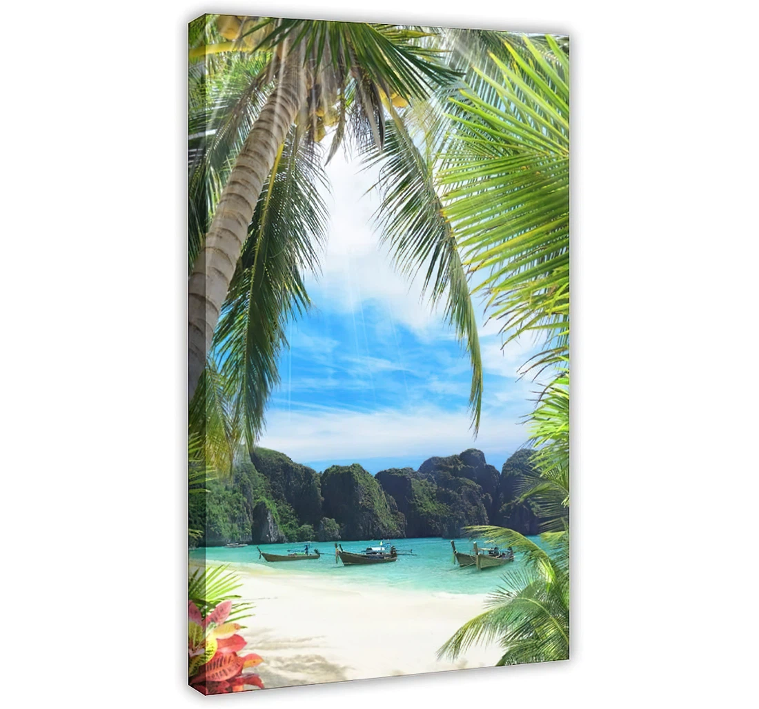 Tropical Romantic Beach Coconut Palm Coast Sea Boat Sunlight Clouds Natural Scenery Printed Poster, Framed Canvas, Wall Art