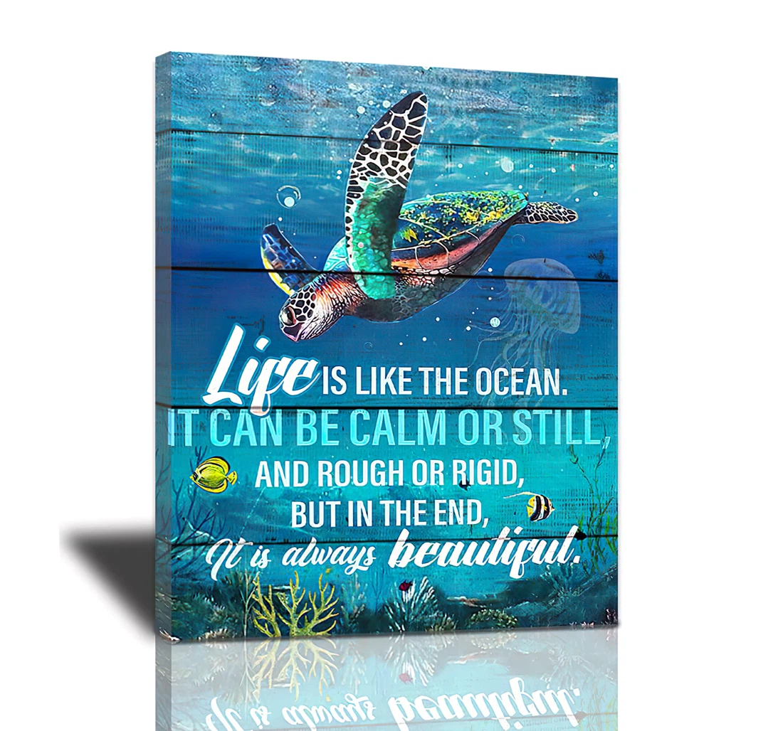 Life Is Like The Ocean Sea Turtle Beach Starfish Themed Ocean Printed Poster, Framed Canvas, Wall Art