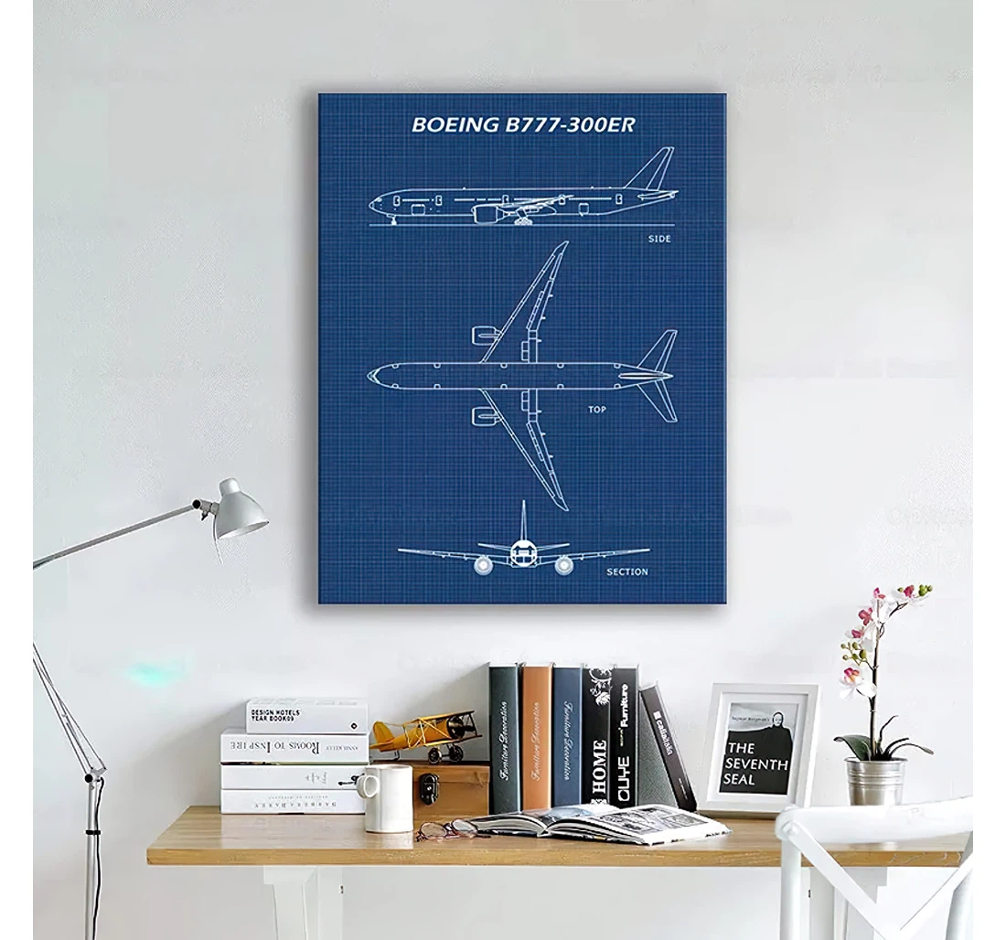 Boeing B777-300er Airplane Vintage Patent Plane Blueprint Aviation Pilot Printed Poster, Framed Canvas, Wall Art