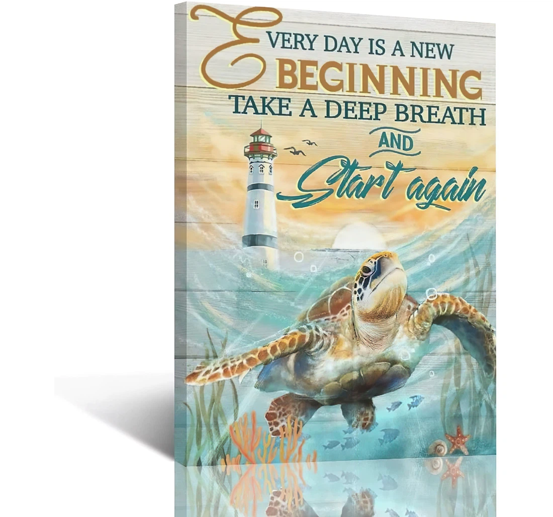 Beach And Sea Turtle Starfish Beginning Take A Deep Breath Start Again Printed Poster, Framed Canvas, Wall Art