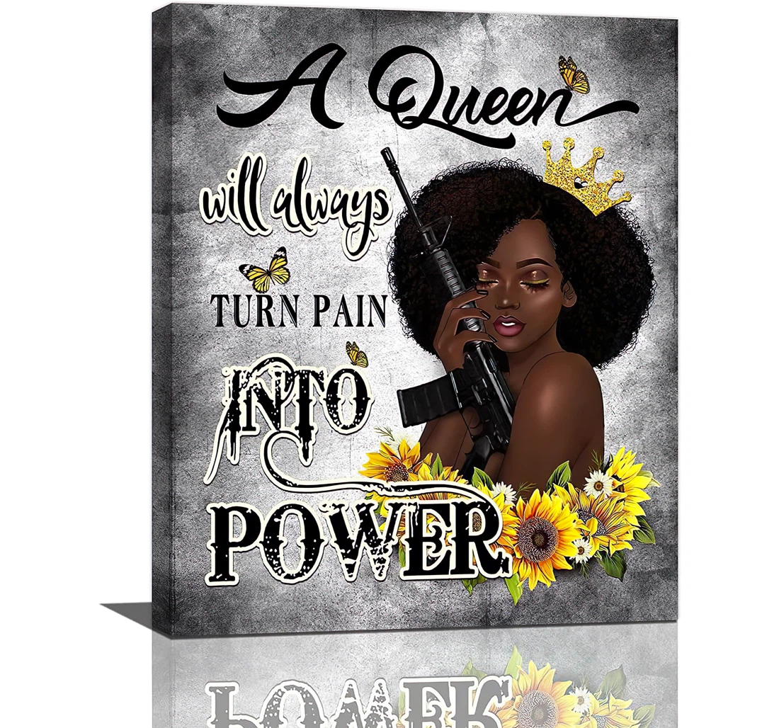 A Queen Will Always Turn Pain Into Power African American Black Girl With Gun Printed Poster, Framed Canvas, Wall Art