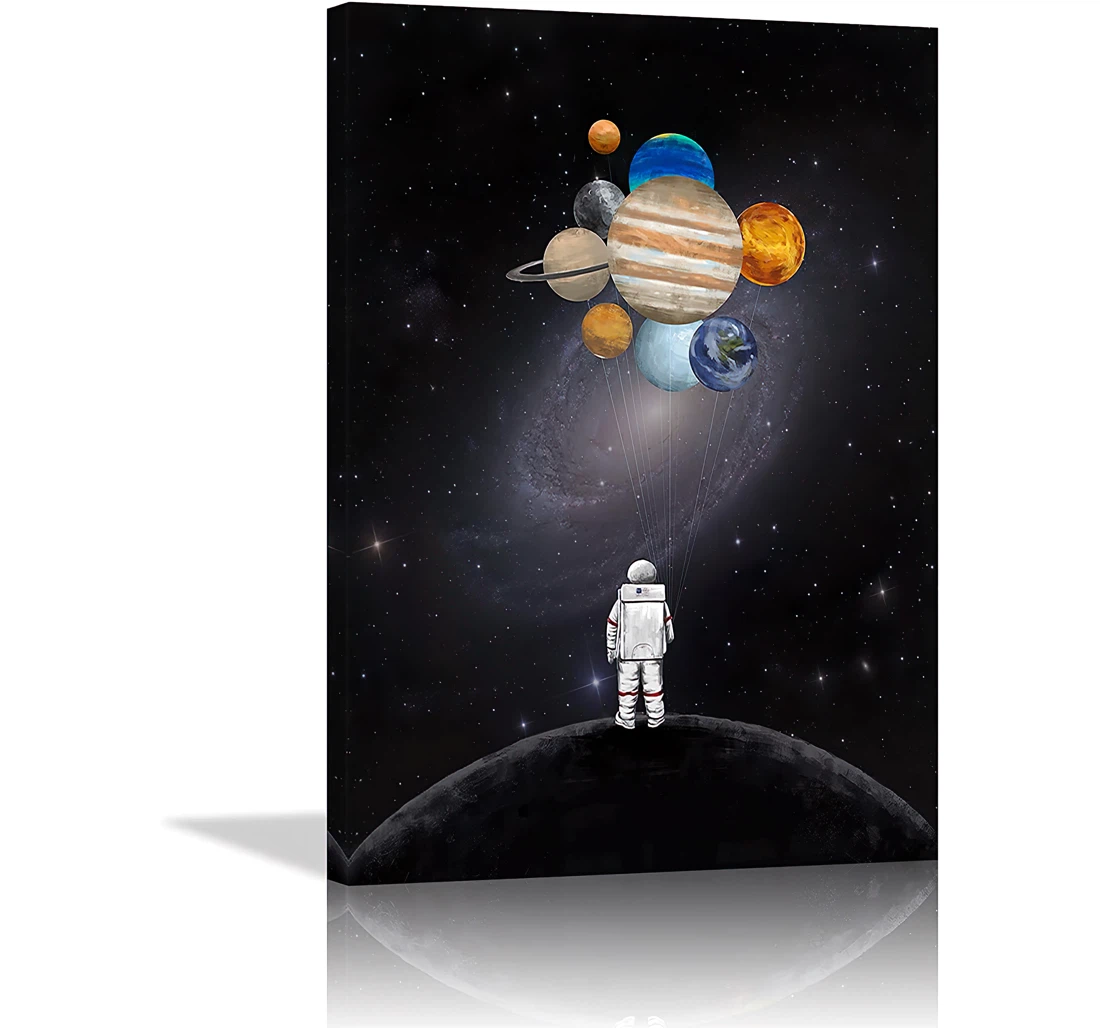 Creative Outer Space Astronaut Holding Planets And Looking At The Milky Way Printed Poster, Framed Canvas, Wall Art