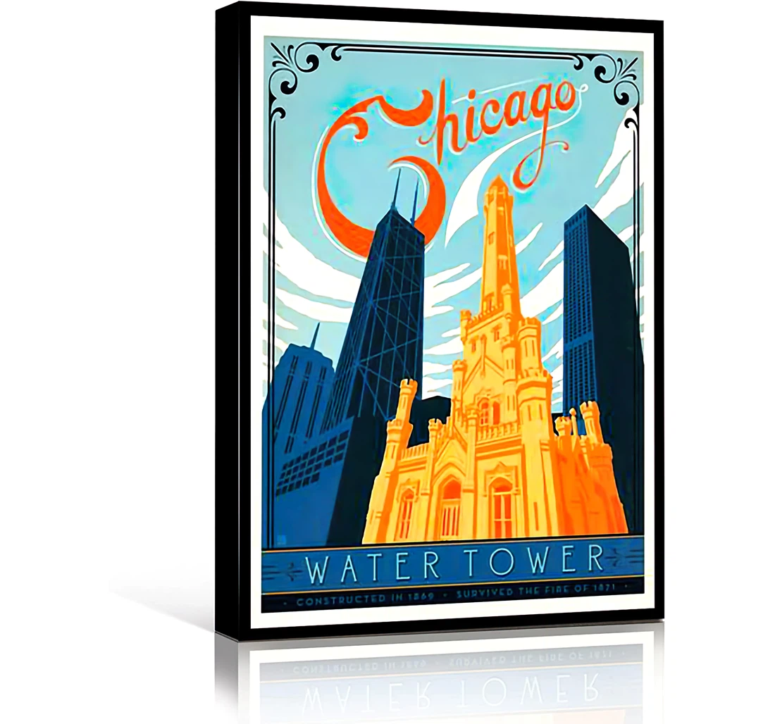 Chicago City Travel Water Tower Vintage Printed Poster, Framed Canvas, Wall Art