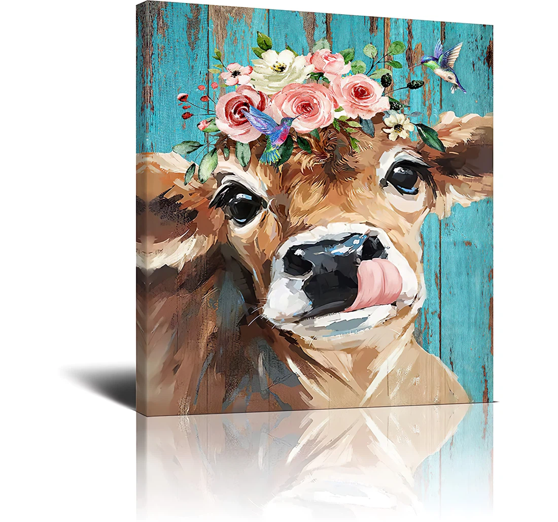 Cute Cow Country Cow Teal Themed Cow Printed Poster, Framed Canvas, Wall Art