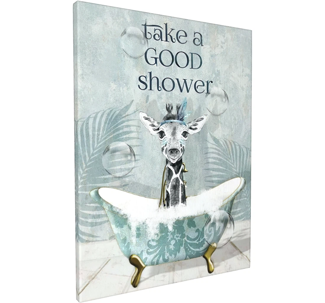 Take A Good Shower Funny Boho Giraffe Cute Teal Printed Poster, Framed Canvas, Wall Art