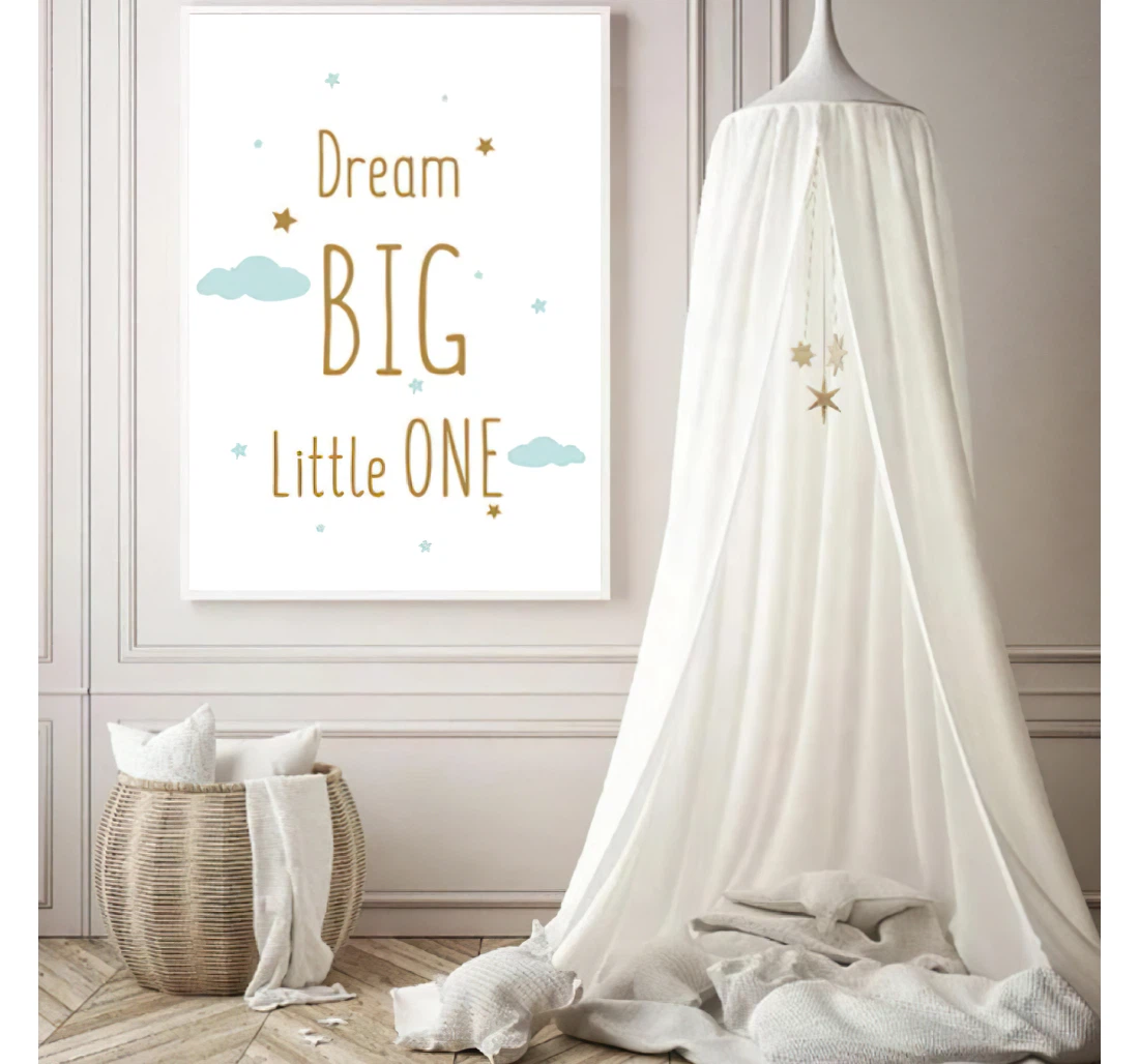 Dream Big, Little One Elephant Blue Cloud Quotes Printed Poster, Framed Canvas, Wall Art