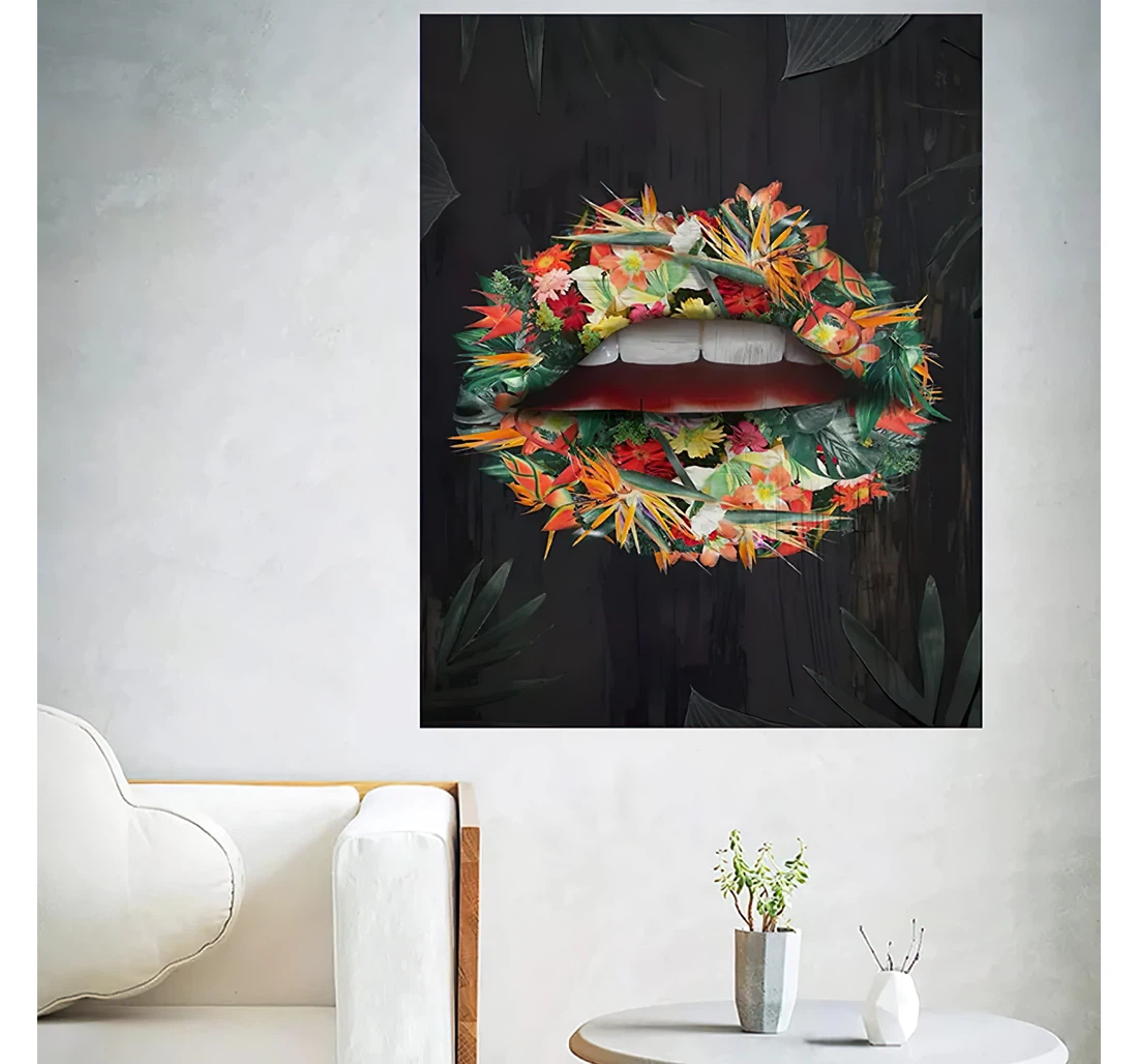 Pink Flower Lips With Money On Bar Idea Furniture Printed Poster, Framed Canvas, Wall Art