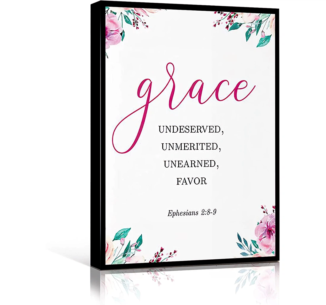 Teen Christian Bible Quotes On Grace Calligraphy Verse Watercolor Flowers Printed Poster, Framed Canvas, Wall Art