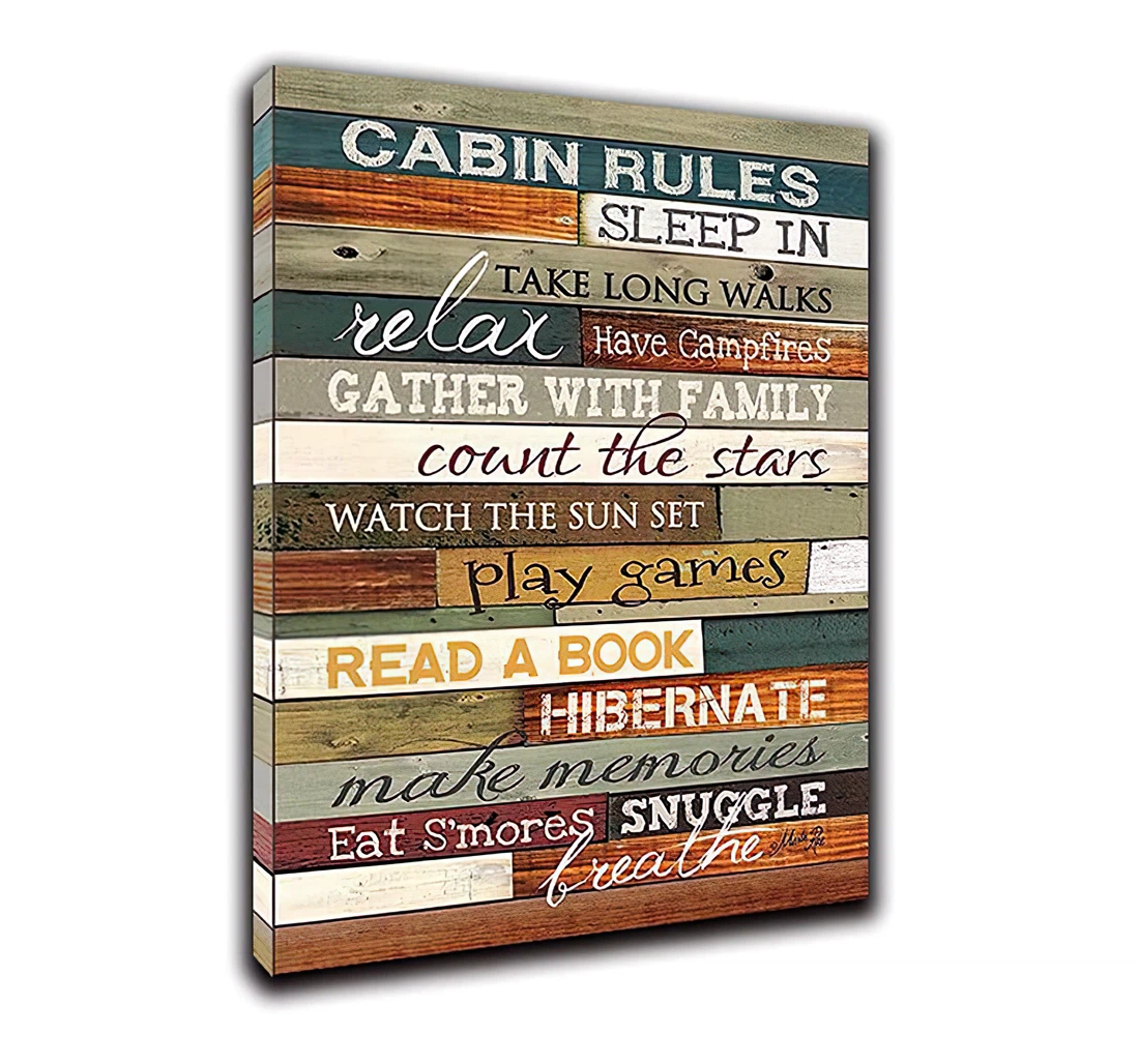 Cabin Rules, Sleep In, Take Long Walks, Relax Have Campfires Printed Poster, Framed Canvas, Wall Art