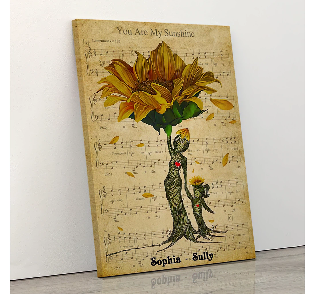 Personalized Mother And Daughter You Are My Sunshine Sunflowers Hold Hands In Music Sheet Printed Poster, Framed Canvas, Wall Art