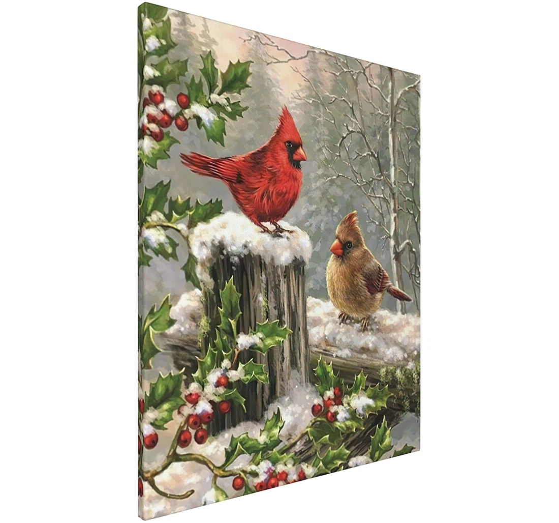 Red Bird Holly Berry Branches Printed Poster, Framed Canvas, Wall Art