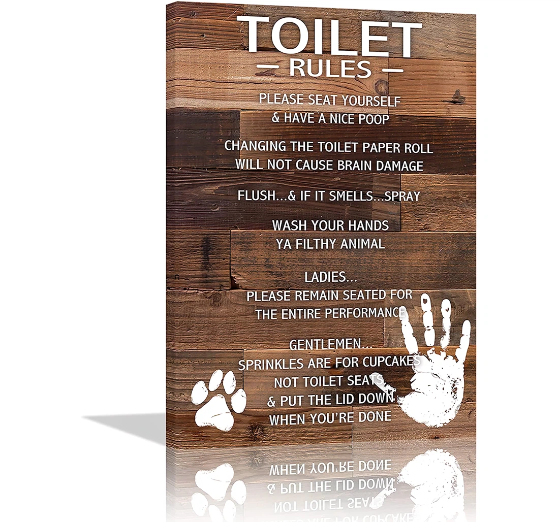 Funny Signs Toilet Rules Printed Poster, Framed Canvas, Wall Art