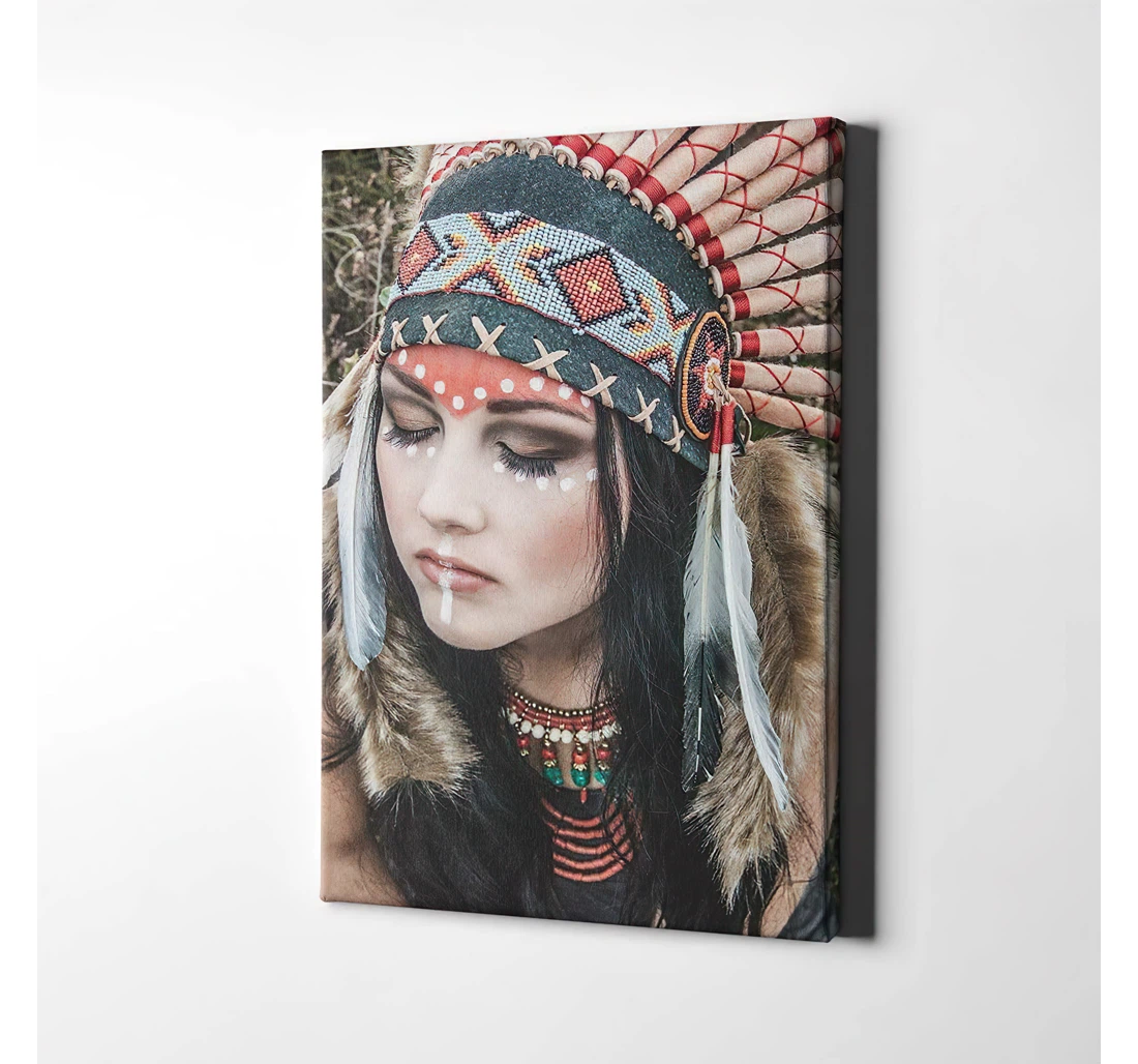 Indian Girl Native American Feathered Woman Chief Printed Poster, Framed Canvas, Wall Art