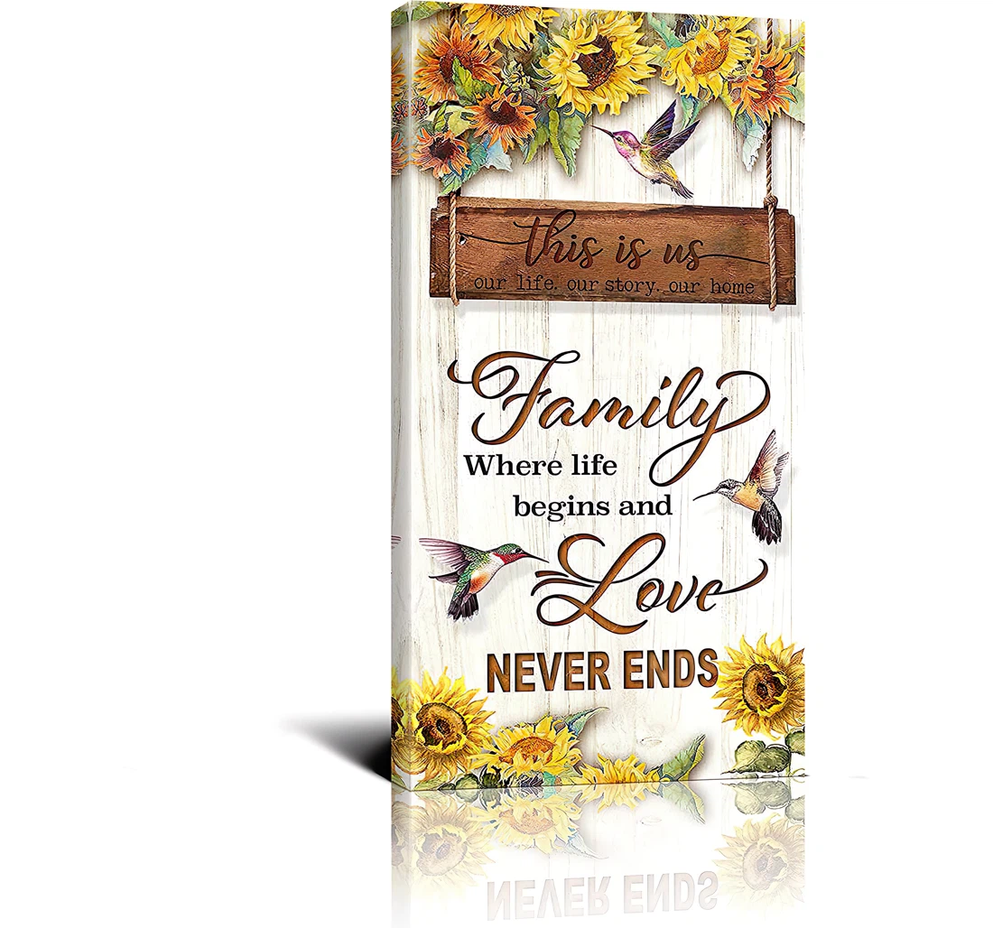 Family Where Life Begins And Love Never Ends Sunflowers And Hummingbirds Printed Poster, Framed Canvas, Wall Art