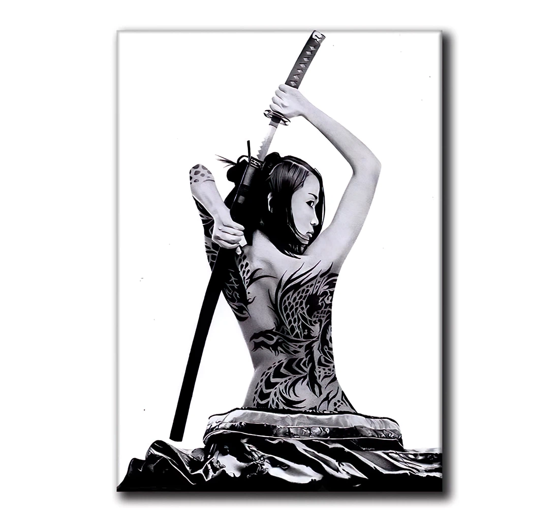 Japanese Samurai Sexy Tattoo Girl Vintage Black And White Printed Poster, Framed Canvas, Wall Art