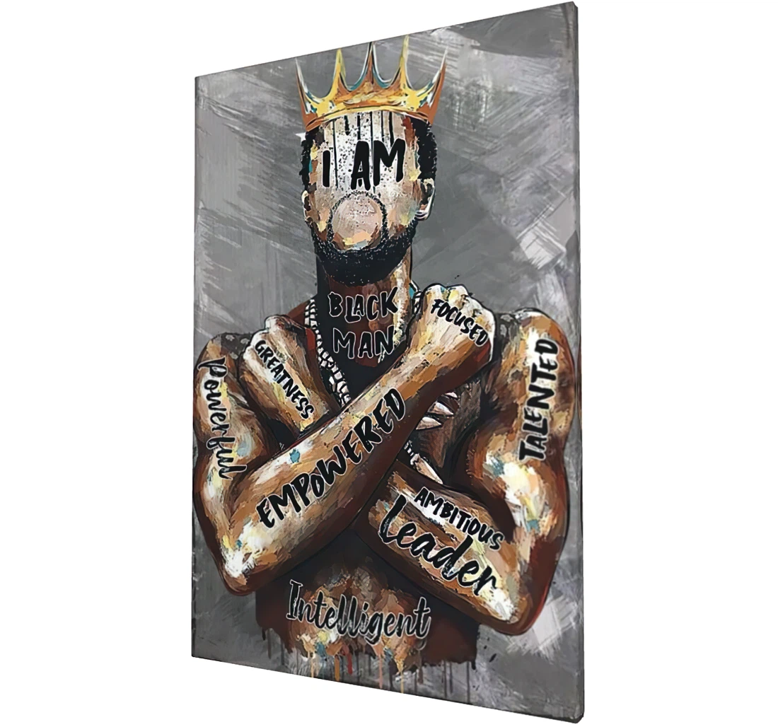 African American Man Quotes I Am Black King Cross Arms Printed Poster, Framed Canvas, Wall Art