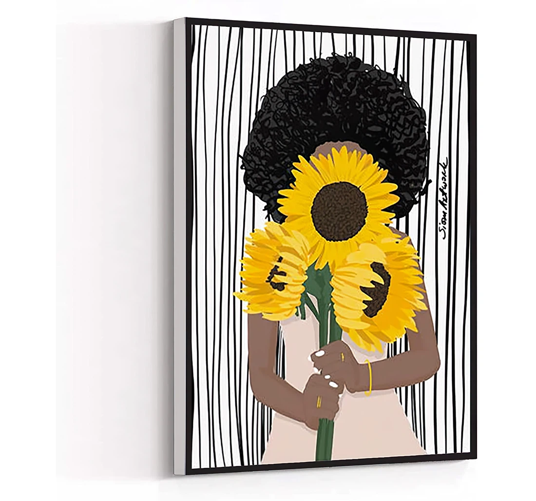 Quotes Black Dark Sunflowers Woman Illustration Afro Woman Large Boho Boho Printed Poster, Framed Canvas, Wall Art