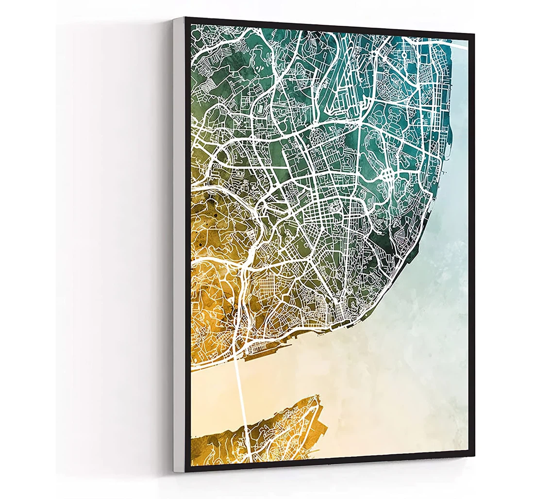 Quotes Mermaid Women's Lisbon Map Portugal City Map Watercolour Teal Gold Printed Poster, Framed Canvas, Wall Art