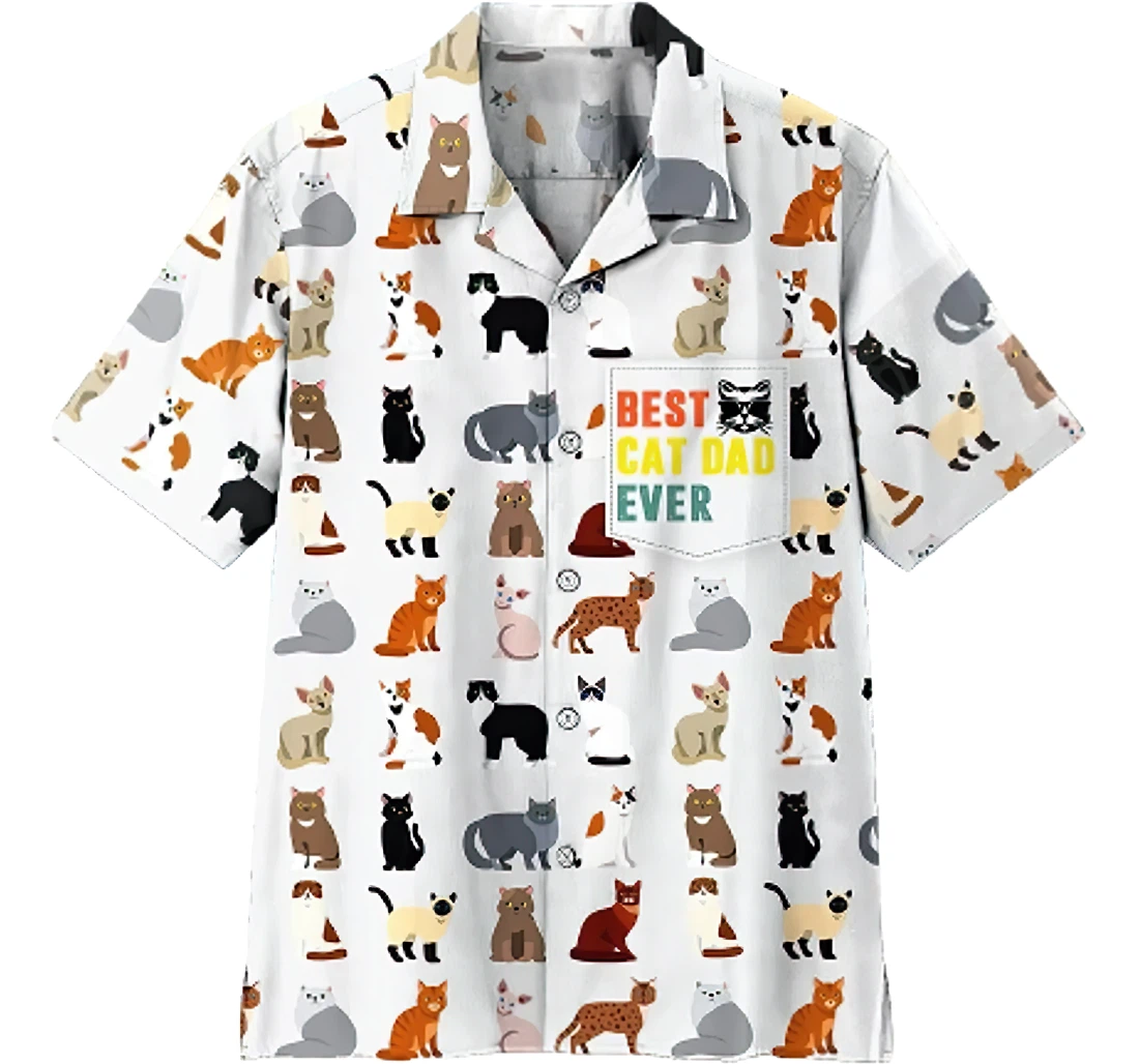 Best Cat Dad Ever Cat Lover Funny Cat Casual Kids White Hawaiian Shirt, Button Up Aloha Shirt For Men, Women