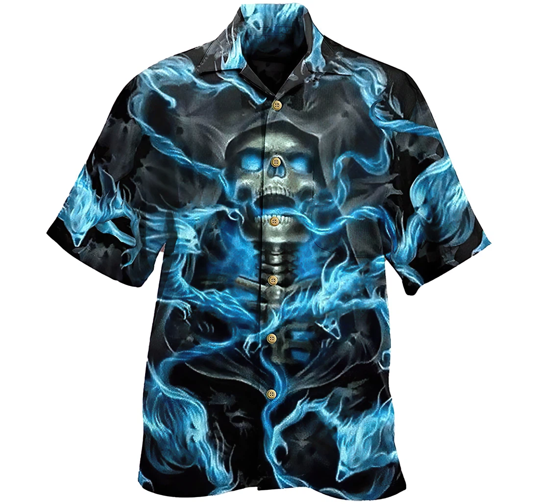 Skull Electric Shirt Cotton Casual Pocket Summer Holiday Vacation Hawaiian Shirt, Button Up Aloha Shirt For Men, Women