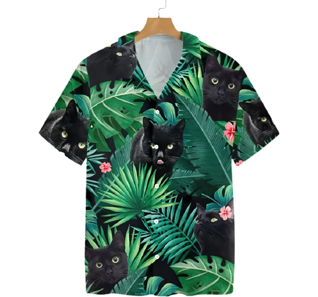 Black Cat Cat Lover Funny Cat Casual Kids Hawaiian Shirt, Button Up Aloha Shirt For Men, Women