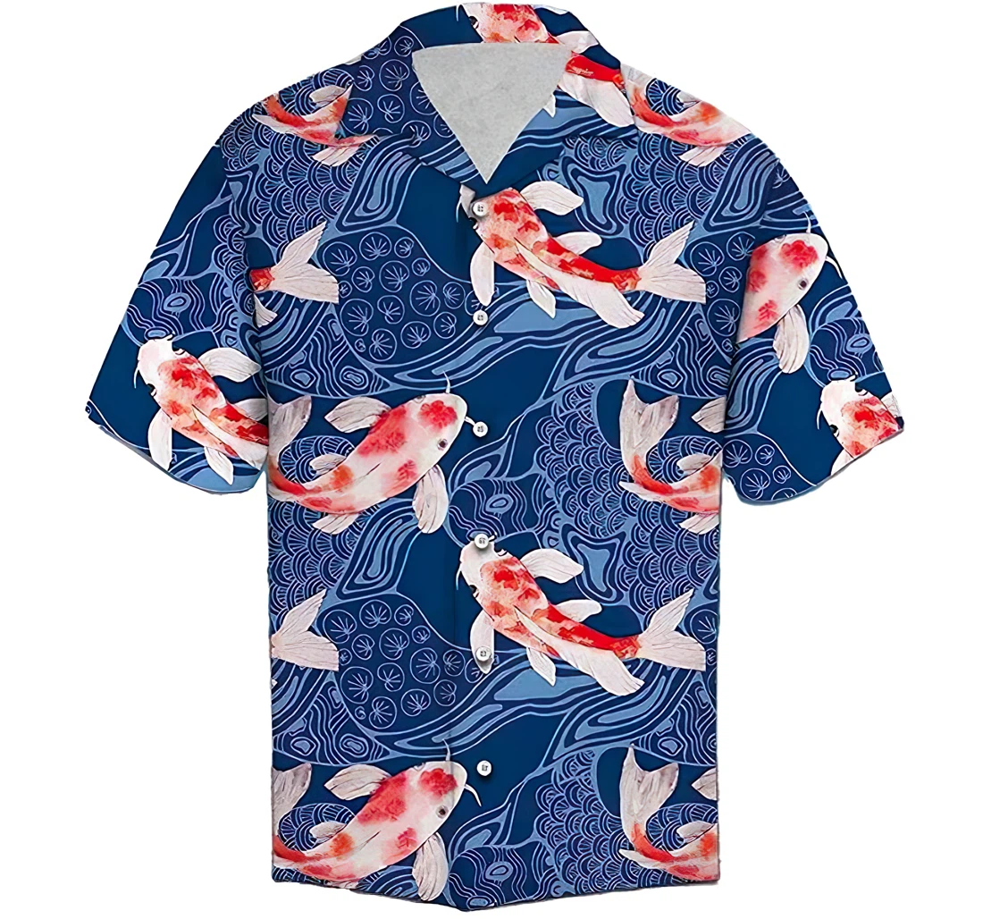 Personalized Koi Waves Shirt Cotton Casual Pocket Summer Holiday Vacation Hawaiian Shirt, Button Up Aloha Shirt For Men, Women