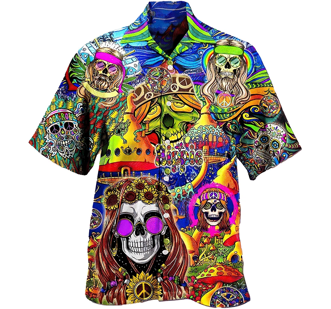 Hippie Skull Shirt Cotton Casual Pocket Summer Holiday Vacation Hawaiian Shirt, Button Up Aloha Shirt For Men, Women