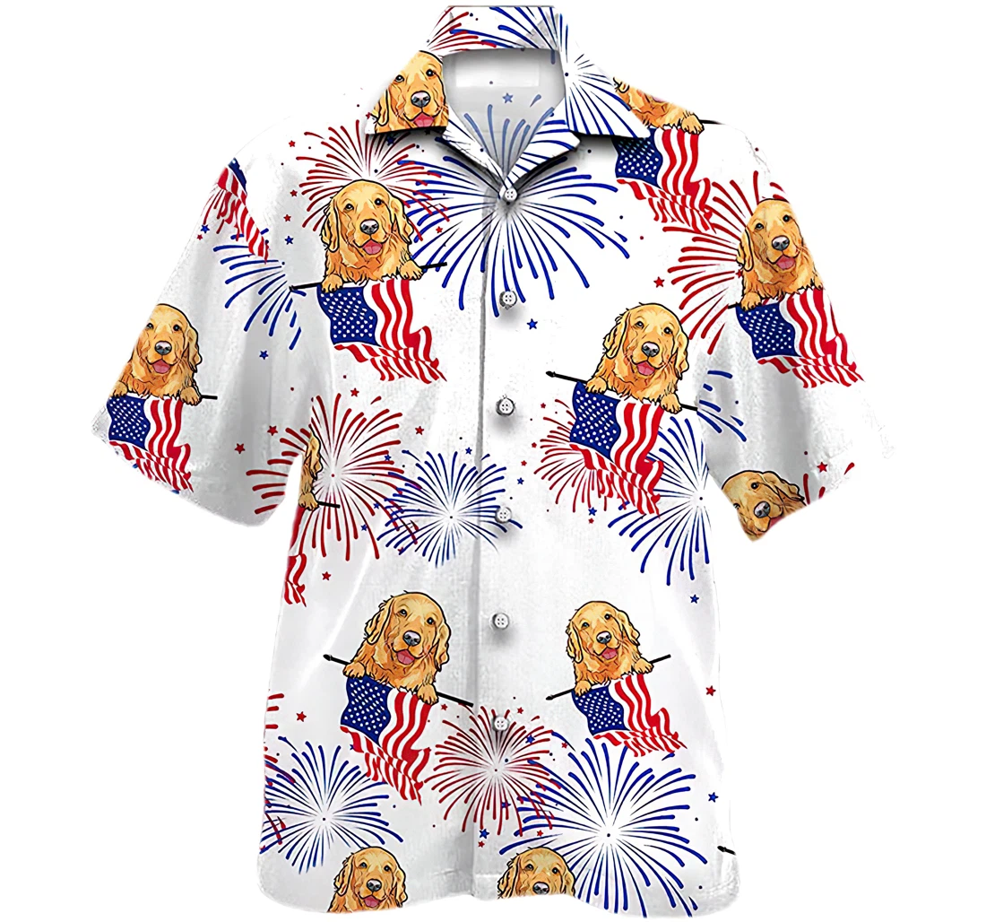 Personalized Golden Retriever Dog America Flag Firework Independence Day Beach Hawaiian Shirt, Button Up Aloha Shirt For Men, Women