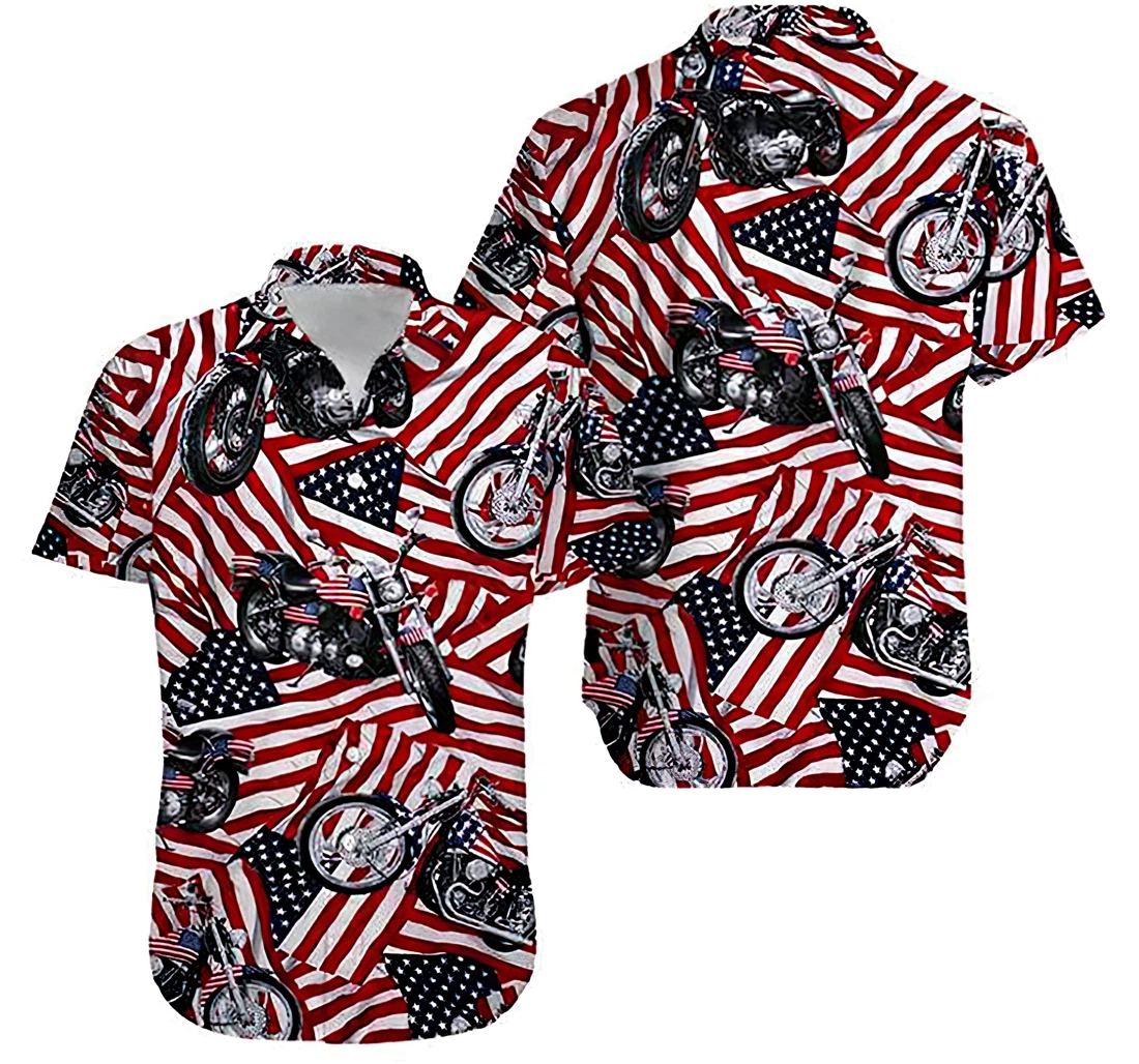 Personalized Motorcycles American Flag Hawaiian Shirt, Button Up Aloha Shirt For Men, Women