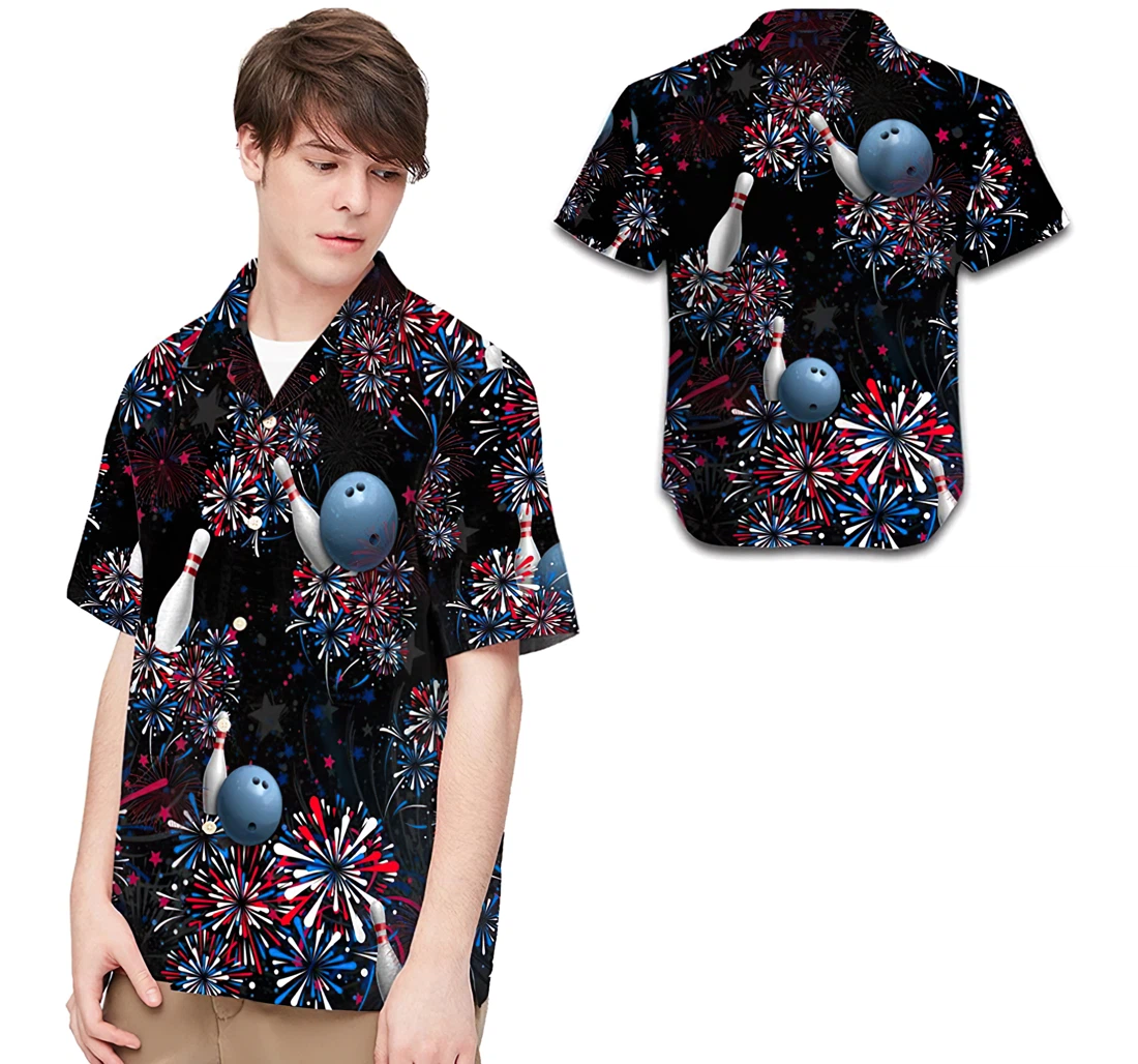 Personalized Bowling American Independence Day 4th Of July Fireworks Hawaiian Shirt, Button Up Aloha Shirt For Men, Women