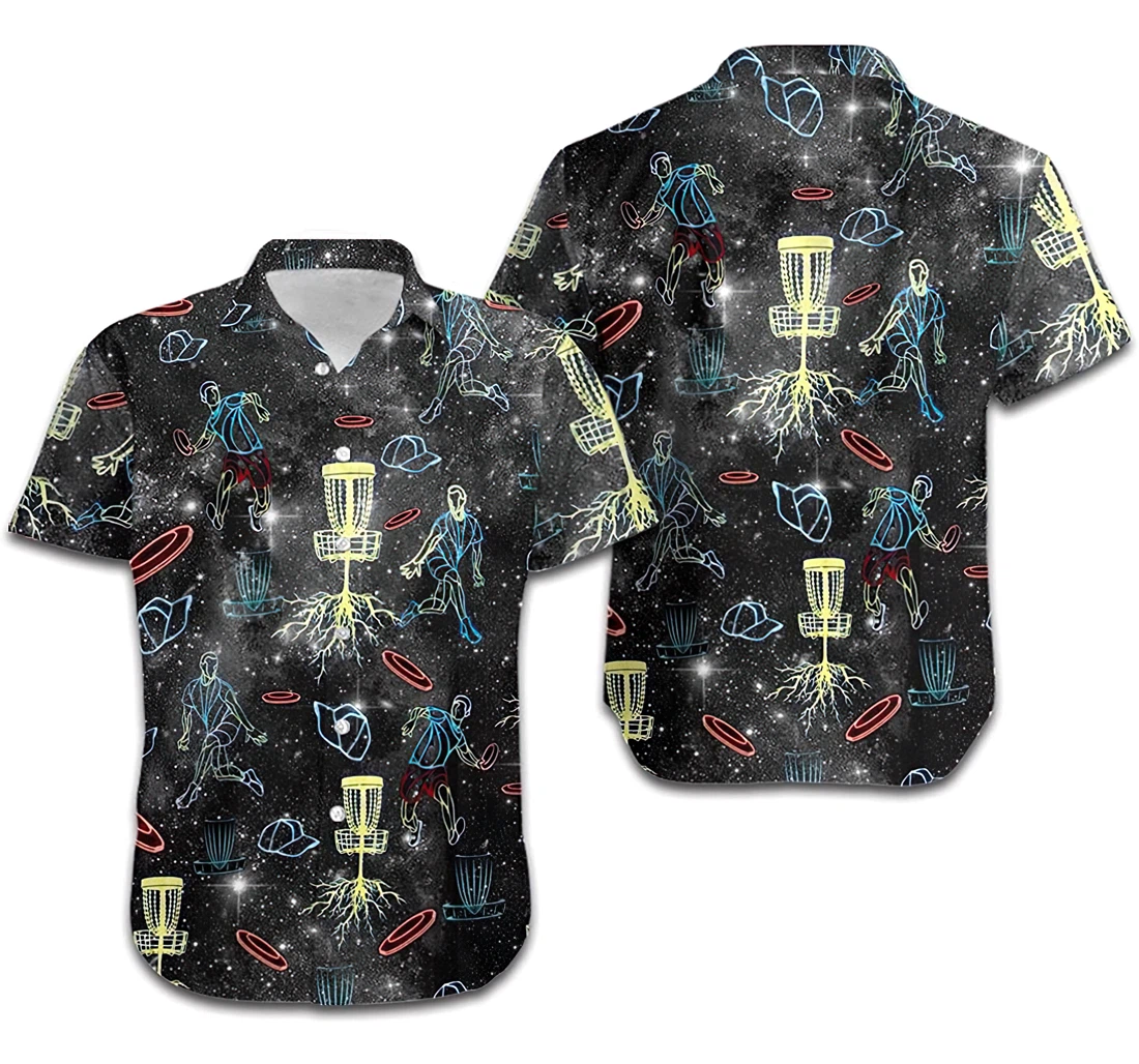 Personalized Neon Disc Golf Black Galaxy Frisbee Golf & Sport Lovers On Beach Summer Vacation Hawaiian Shirt, Button Up Aloha Shirt For Men, Women