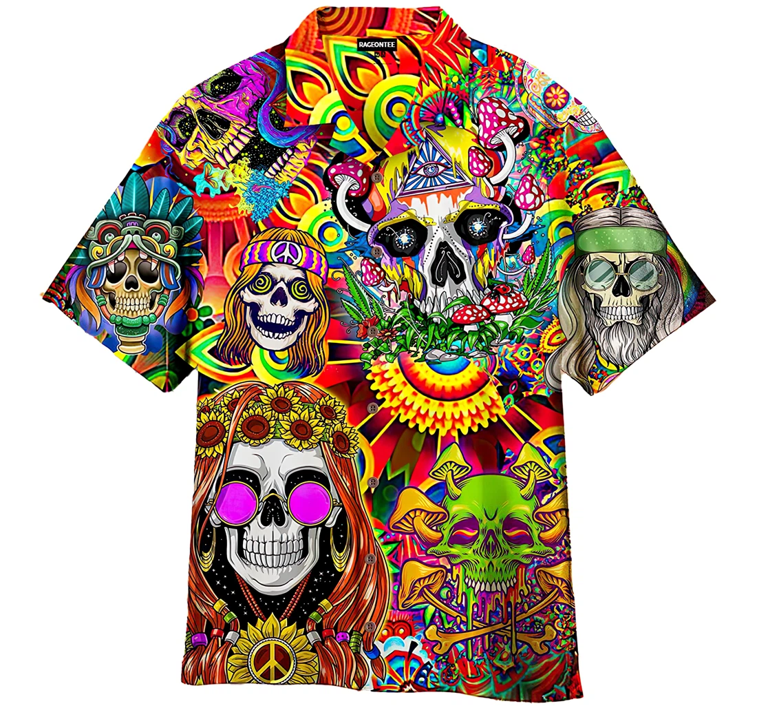 Personalized Skull Hippie Hawaiian Shirt, Button Up Aloha Shirt For Men, Women