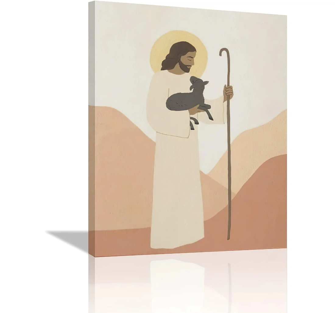 Poster, Canvas - Christian Boho Jesus And Lamb Minimalist Bohemian And Large Mid Century Terracotta Print Wall Art