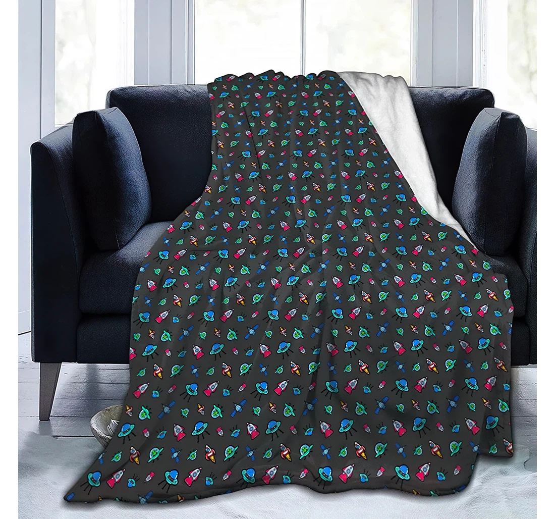 Throw Blanket, Quilt - Planet Rocket Travelling Camping Kids Adults Sherpa Fleece