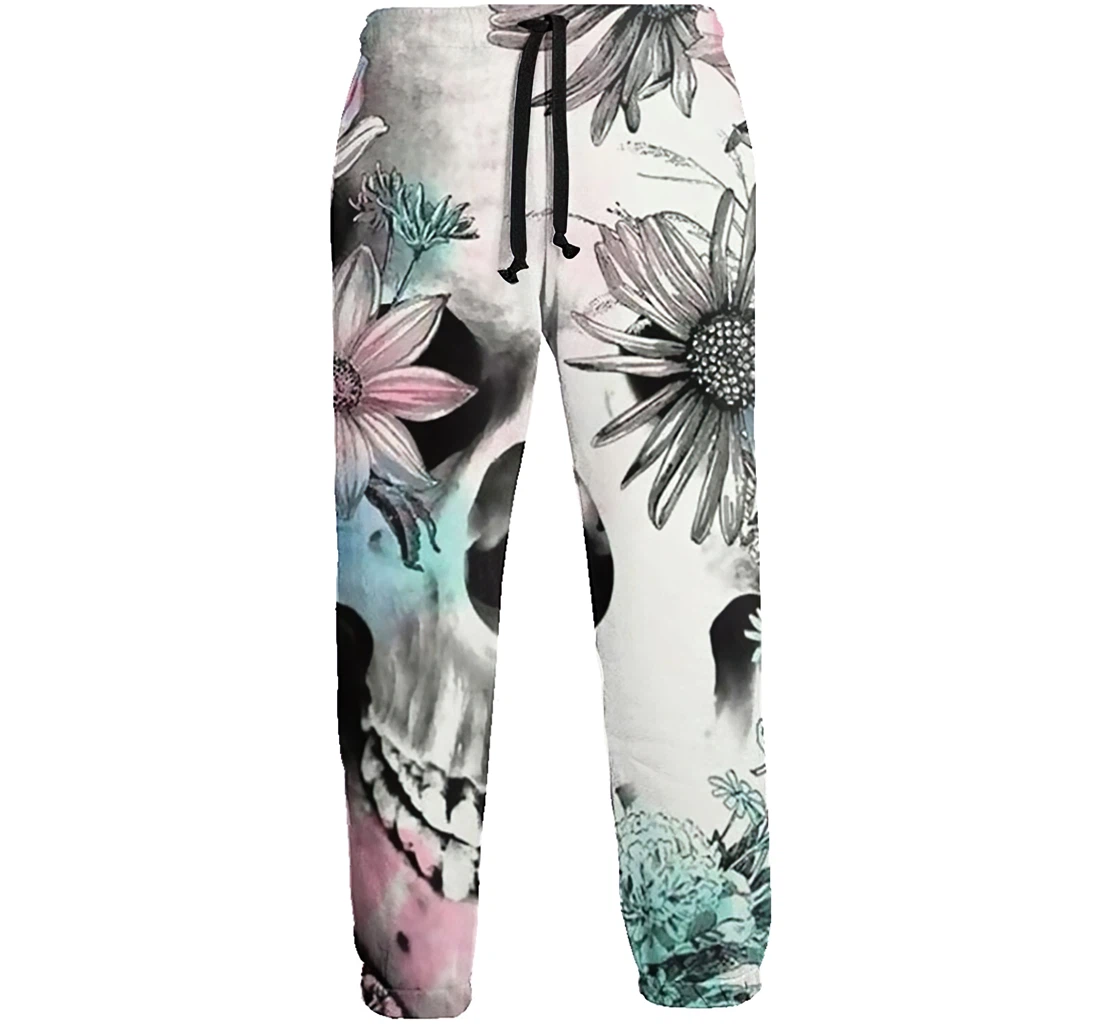 Flowers And Skull Sweat Hip Hop Garment Spring Sweatpants, Joggers Pants With Drawstring For Men, Women