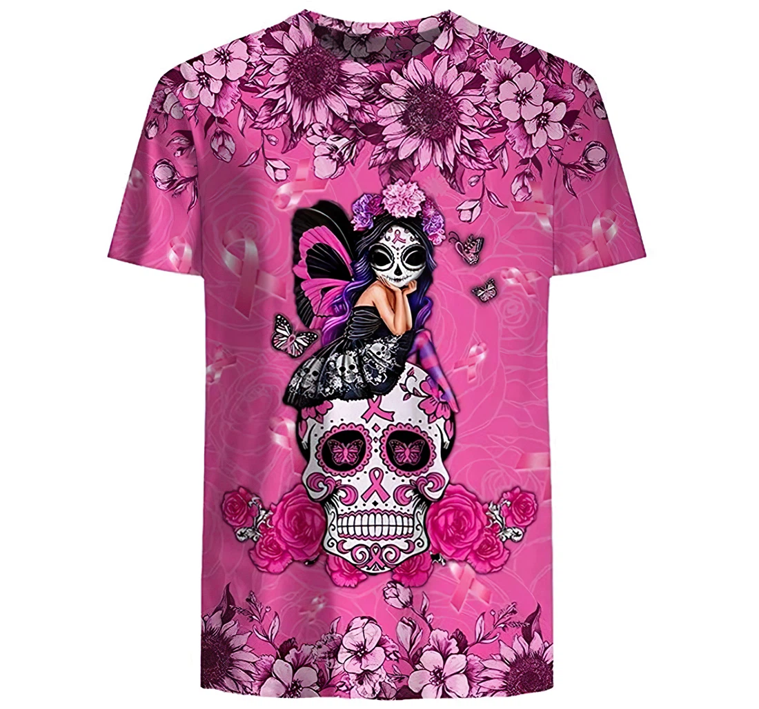 Skull Little Girl Breast Cancer Awareness Tshirt - 3D Printed T-shirt