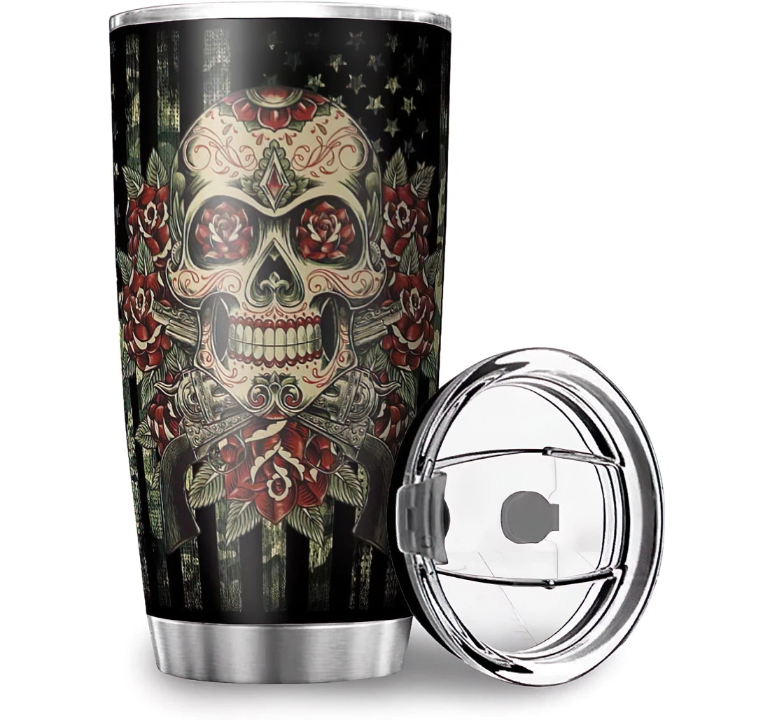 Unique Flag Rose Skull Print Car Fathers Day Mothers Day Stainless Steel Tumbler Cup