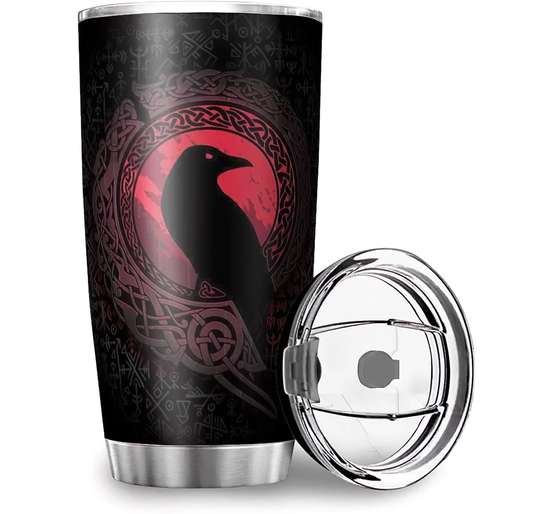 Fun Viking Raven In Mythology Red Print Home Office School Stainless Steel Tumbler Cup