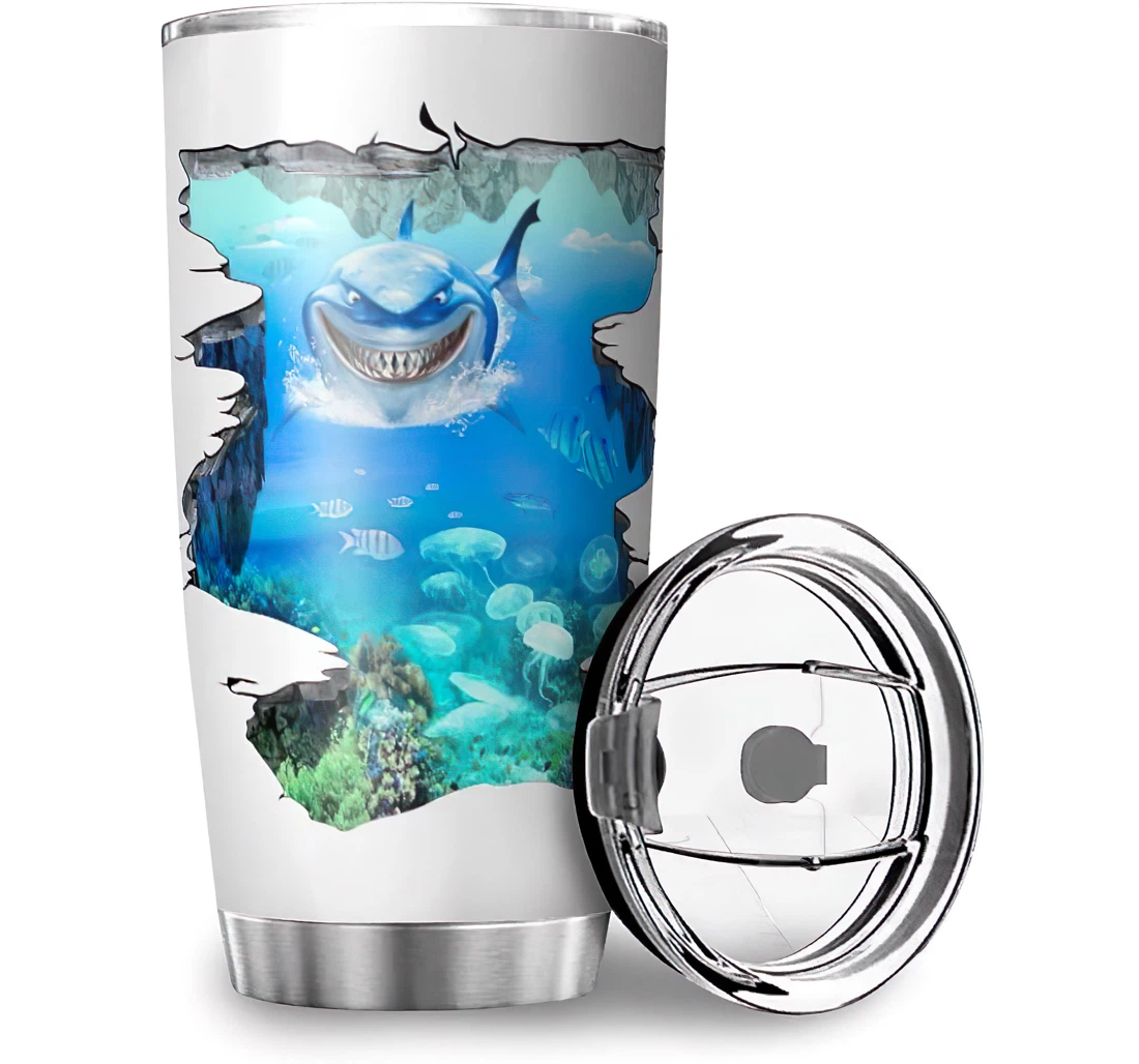 Personalized 3d Blue Ocean Sea Fish Shark Print Car Parents Birthday Stainless Steel Tumbler Cup