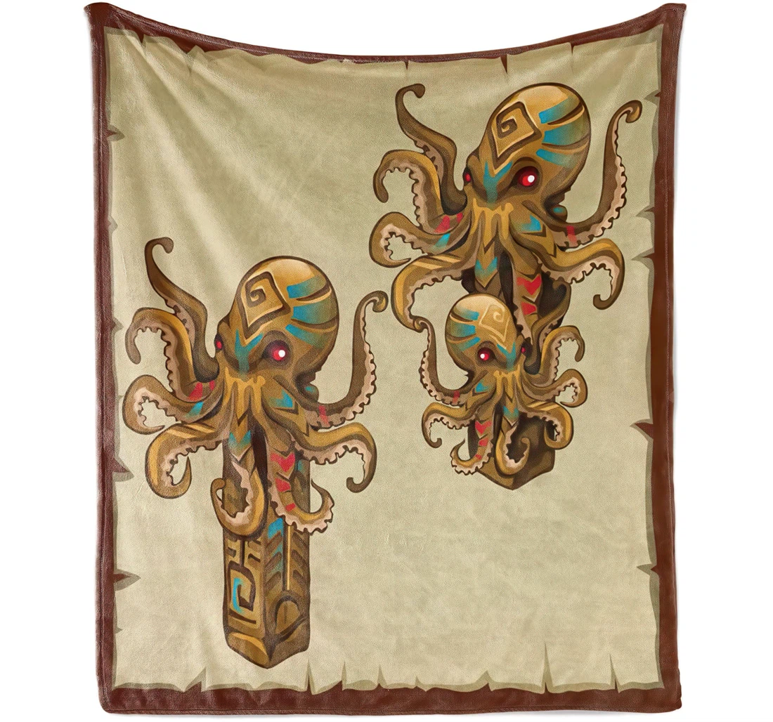 Throw Blanket, Quilt - Octopus Cartoon Art Tribal Monster Kraken Ornament Illustrations Sea Creature Print Indoor And Outdoor Use Brown Sherpa Fleece