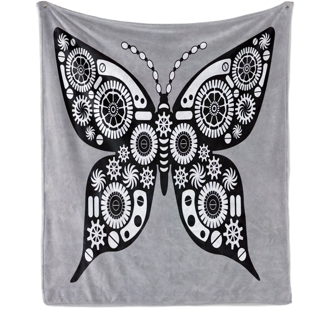 Throw Blanket, Quilt - Steampunk Silhouette Butterfly Design With Mechanism Cogs And Gears Indoor And Outdoor Use Pale Grey White Sherpa Fleece