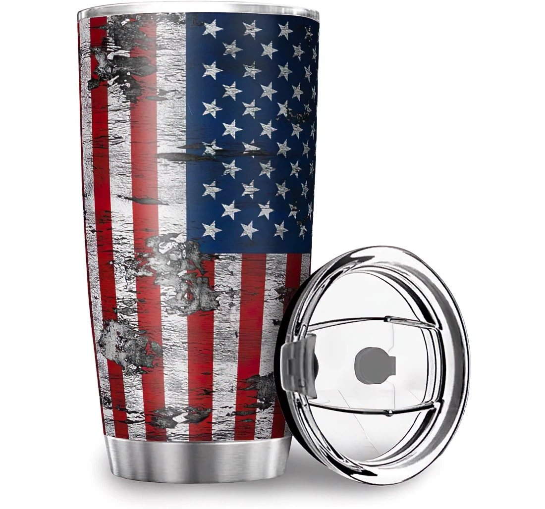 Custom Vintage Usa Flag Print Car Husband Wife Stainless Steel Tumbler Cup