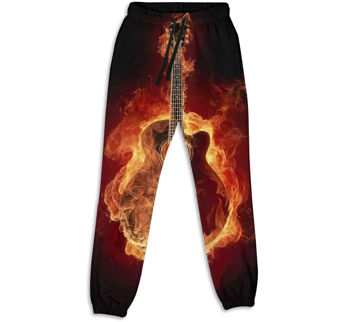 Personalized Casual Flaming Burning Guitar Fire Sweatpants, Joggers Pants With Drawstring For Men, Women