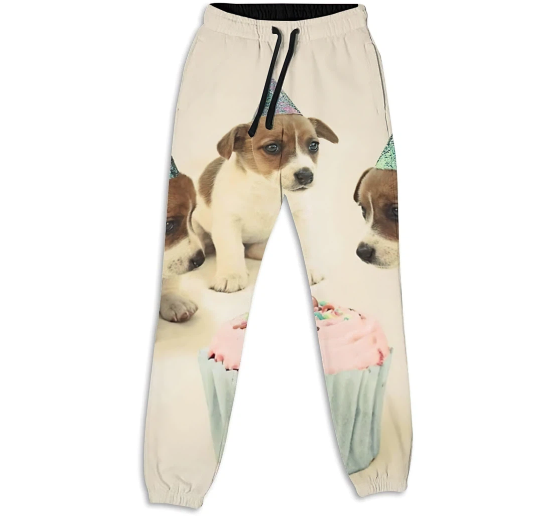 Personalized Graphic Vintage Puppy Birthday Cake Dogs Sweatpants, Joggers Pants With Drawstring For Men, Women