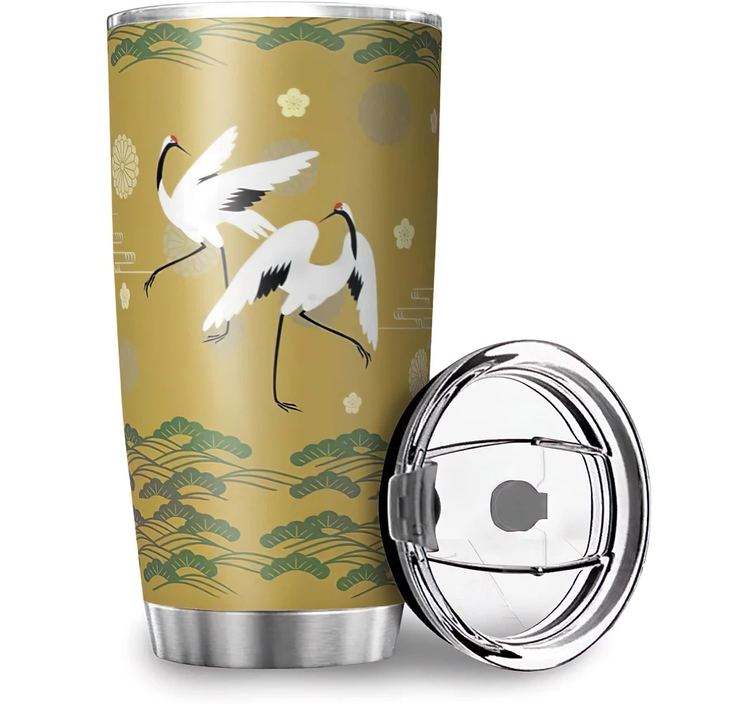 Unique Japanese Art Cranes Print Car Friends Coworker Office Stainless Steel Tumbler Cup