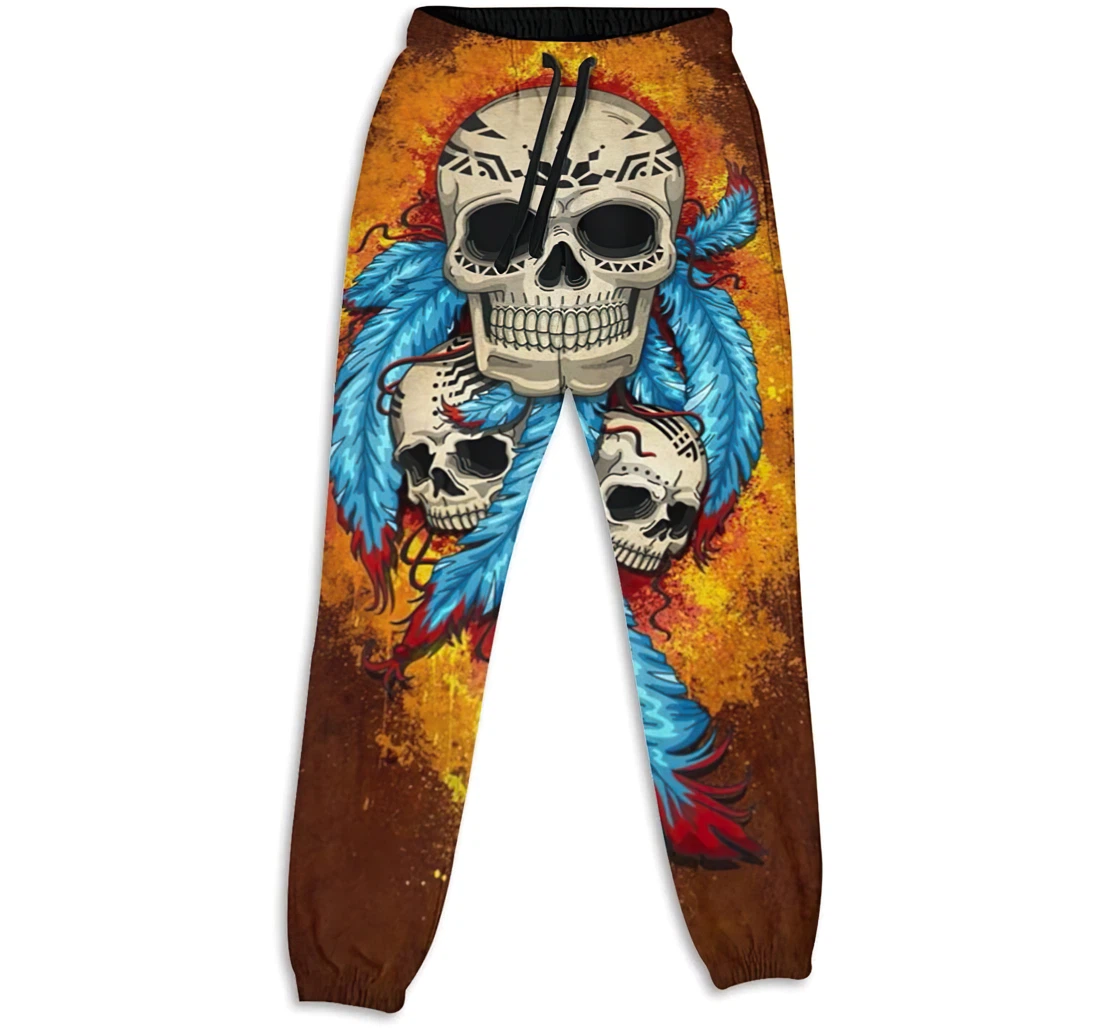 Personalized Indian Native American Feather Sugar Skull Sweatpants, Joggers Pants With Drawstring For Men, Women