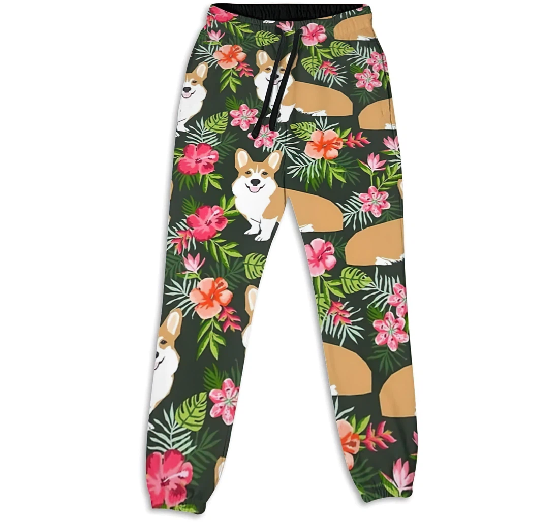 Personalized Hawaiian Florals Welsh Corgi Sweatpants, Joggers Pants With Drawstring For Men, Women