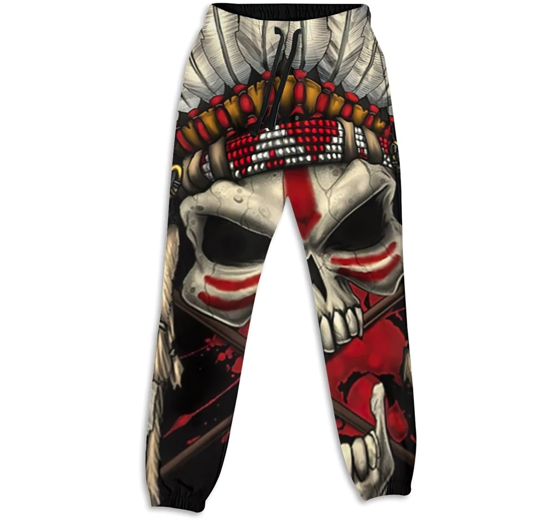 Personalized Graphic Indian Feather Native American Skull Sweatpants, Joggers Pants With Drawstring For Men, Women