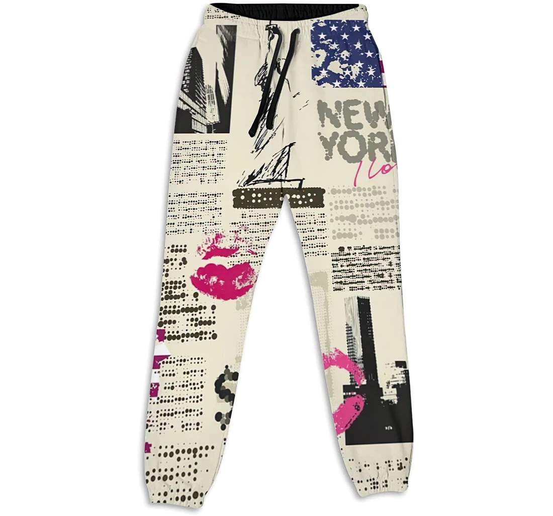 Personalized Graphic United States Newspaper Lipstick Vintage Sweatpants, Joggers Pants With Drawstring For Men, Women