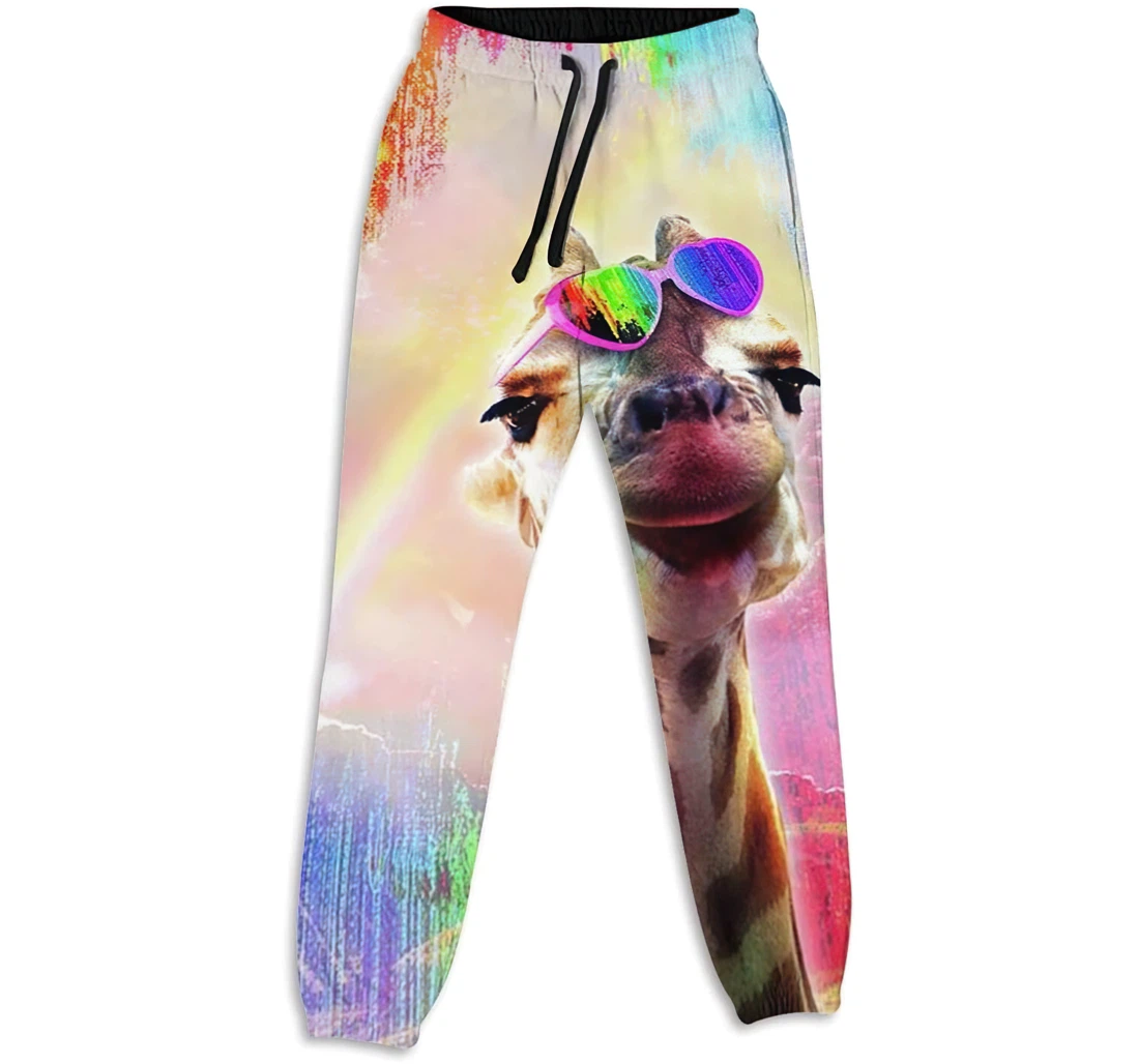 Personalized Graphic Rainbow Giraffe Love Heart Sunglasses Sweatpants, Joggers Pants With Drawstring For Men, Women
